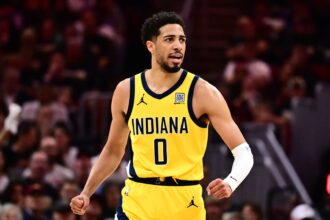 Pacers guard Tyrese Haliburton celebrates during the second half against the Cavaliers in game five of the second round for the 2025 NBA Playoffs at Rocket Arena