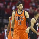 Apr 16, 2017; Houston, TX, USA; Oklahoma City Thunder center Enes Kanter (11) reacts after a play in game one of the first round of the 2017 NBA Playoffs against the Houston Rockets at Toyota Center. Mandatory Credit: Troy Taormina-Imagn Images