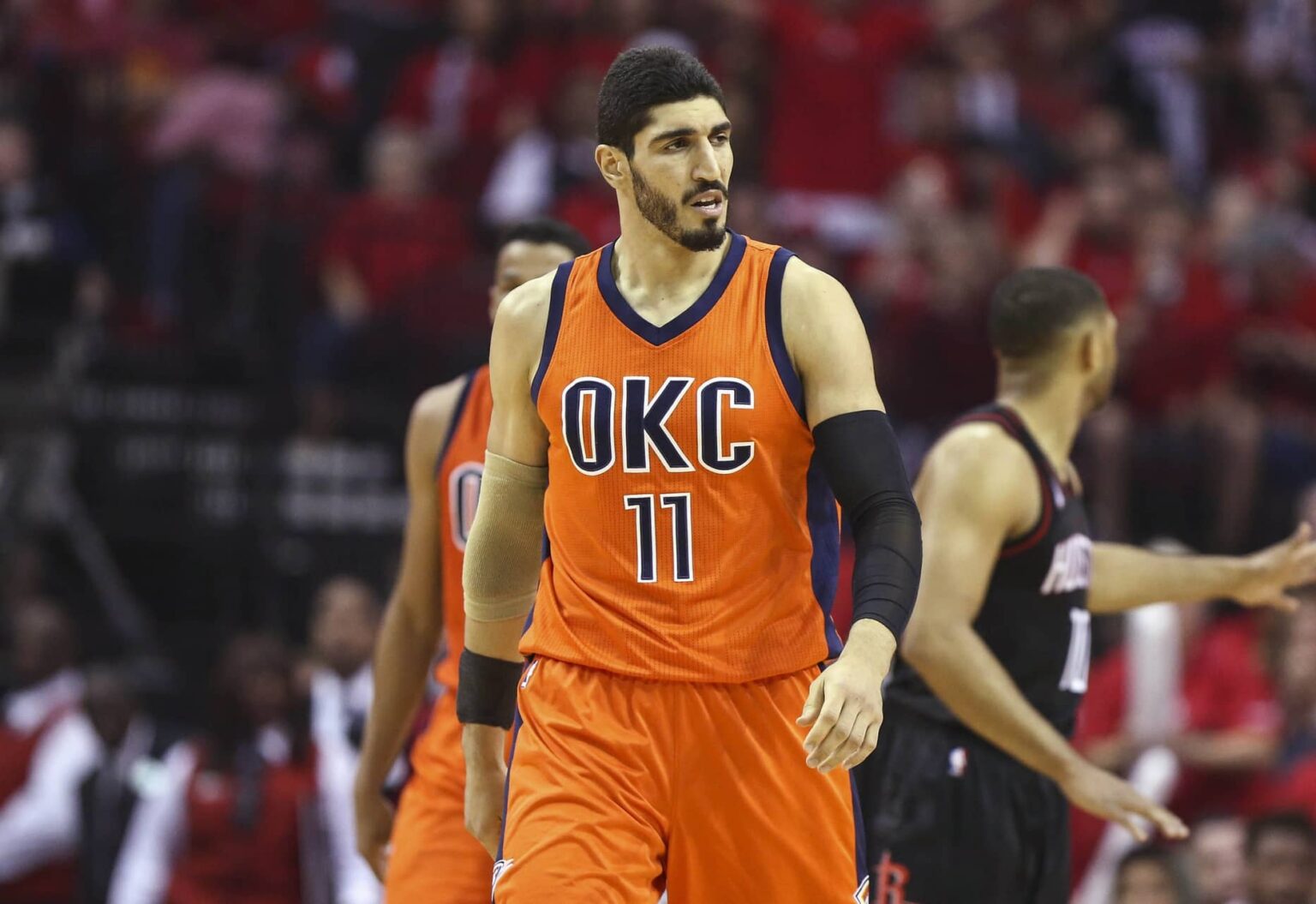 Apr 16, 2017; Houston, TX, USA; Oklahoma City Thunder center Enes Kanter (11) reacts after a play in game one of the first round of the 2017 NBA Playoffs against the Houston Rockets at Toyota Center. Mandatory Credit: Troy Taormina-Imagn Images