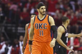 Apr 16, 2017; Houston, TX, USA; Oklahoma City Thunder center Enes Kanter (11) reacts after a play in game one of the first round of the 2017 NBA Playoffs against the Houston Rockets at Toyota Center. Mandatory Credit: Troy Taormina-Imagn Images