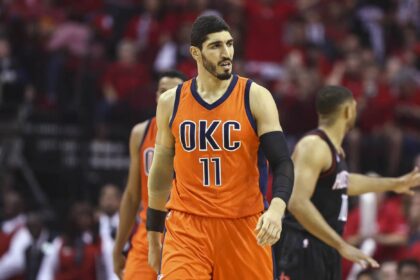 Apr 16, 2017; Houston, TX, USA; Oklahoma City Thunder center Enes Kanter (11) reacts after a play in game one of the first round of the 2017 NBA Playoffs against the Houston Rockets at Toyota Center. Mandatory Credit: Troy Taormina-Imagn Images