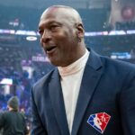February 20, 2022; Cleveland, Ohio, USA; NBA great Michael Jordan is honored for being selected to the NBA 75th Anniversary Team during halftime in the 2022 NBA All-Star Game at Rocket Mortgage FieldHouse. Mandatory Credit: Kyle Terada-Imagn Images
