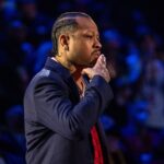 February 20, 2022; Cleveland, Ohio, USA; NBA great Allen Iverson is honored for being selected to the NBA 75th Anniversary Team during halftime in the 2022 NBA All-Star Game at Rocket Mortgage FieldHouse. Mandatory Credit: Kyle Terada-Imagn Images