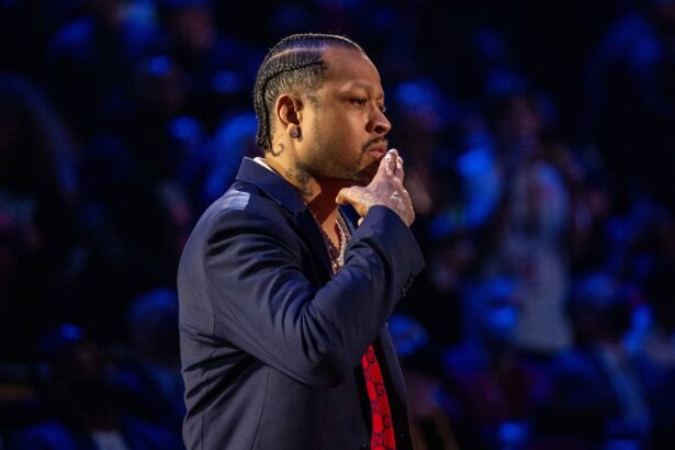 February 20, 2022; Cleveland, Ohio, USA; NBA great Allen Iverson is honored for being selected to the NBA 75th Anniversary Team during halftime in the 2022 NBA All-Star Game at Rocket Mortgage FieldHouse. Mandatory Credit: Kyle Terada-Imagn Images