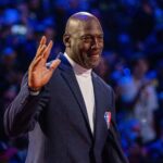 February 20, 2022; Cleveland, Ohio, USA; NBA great Michael Jordan is honored for being selected to the NBA 75th Anniversary Team during halftime in the 2022 NBA All-Star Game at Rocket Mortgage FieldHouse. Mandatory Credit: Kyle Terada-USA TODAY Sports