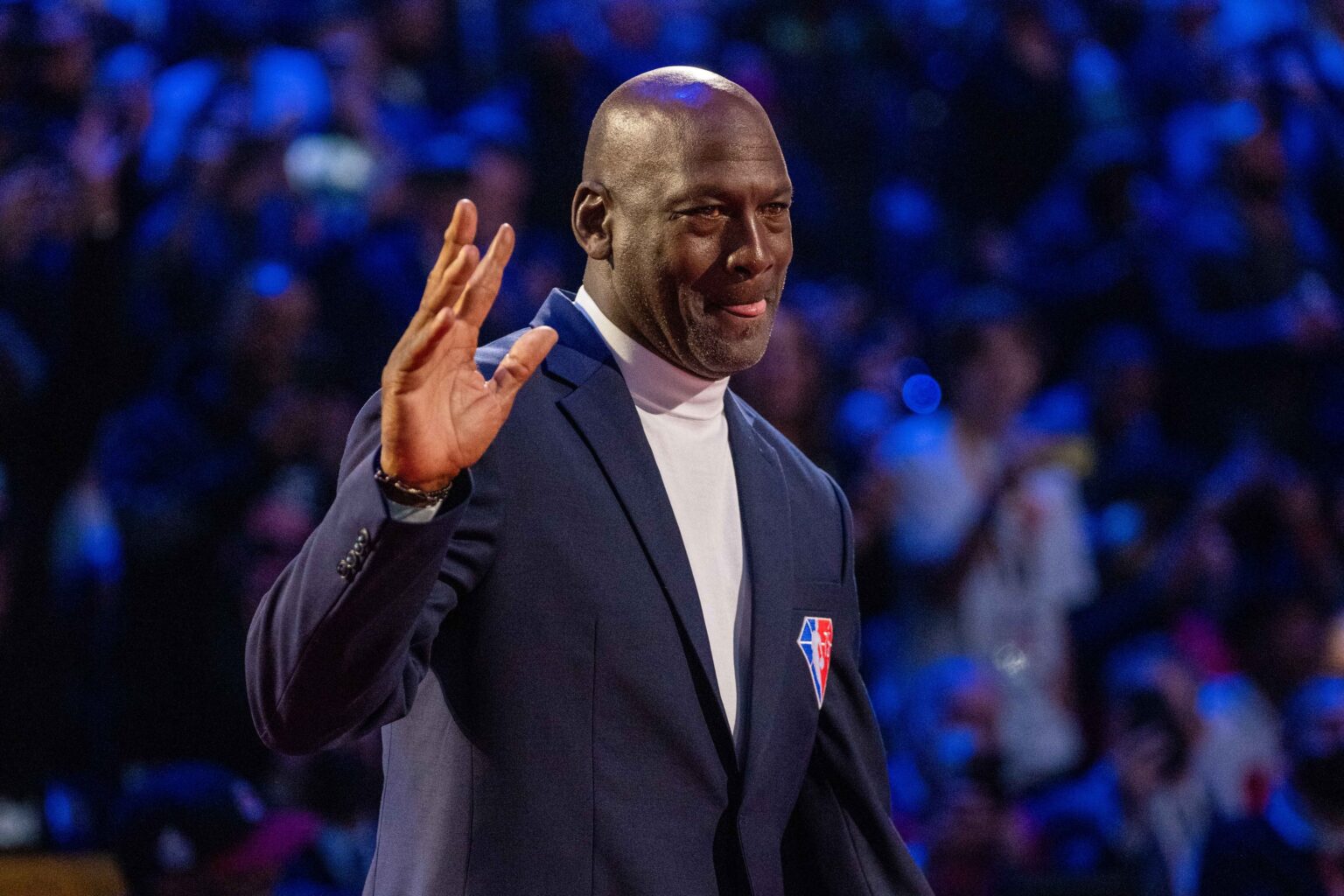 February 20, 2022; Cleveland, Ohio, USA; NBA great Michael Jordan is honored for being selected to the NBA 75th Anniversary Team during halftime in the 2022 NBA All-Star Game at Rocket Mortgage FieldHouse. Mandatory Credit: Kyle Terada-USA TODAY Sports