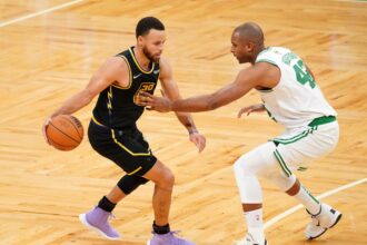 Jun 10, 2022; Boston, Massachusetts, USA; Boston Celtics center Al Horford (42) defends Golden State Warriors guard Stephen Curry (30) during the fourth quarter of game four in the 2022 NBA Finals at the TD Garden. Mandatory Credit: David Butler II-Imagn Images