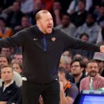 Feb 27, 2023; New York, New York, USA; New York Knicks head coach Tom Thibodeau reacts during the fourth quarter against the Boston Celtics at Madison Square Garden. Mandatory Credit: Brad Penner-USA TODAY Sports