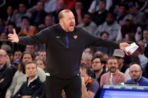 Feb 27, 2023; New York, New York, USA; New York Knicks head coach Tom Thibodeau reacts during the fourth quarter against the Boston Celtics at Madison Square Garden. Mandatory Credit: Brad Penner-USA TODAY Sports