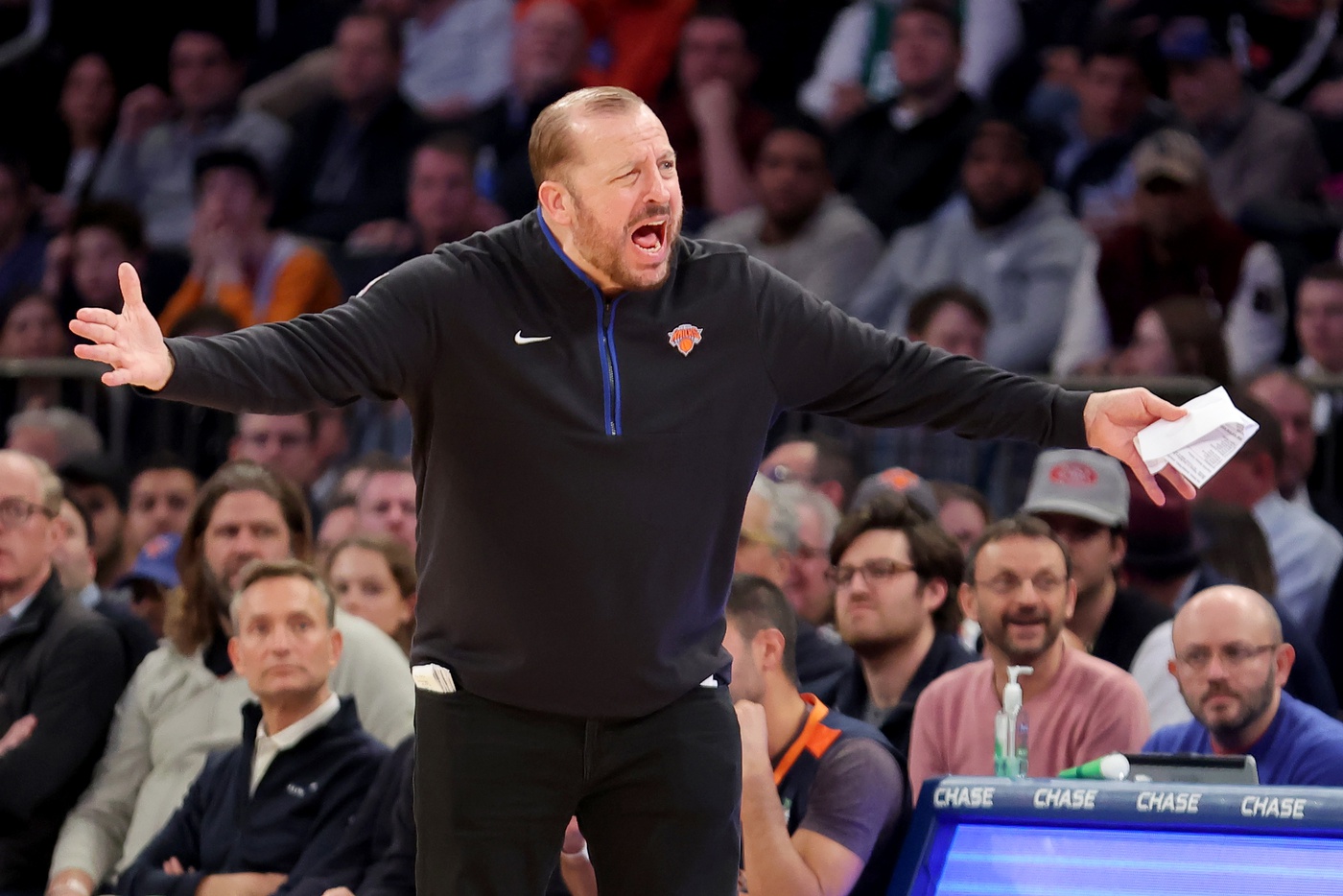 Feb 27, 2023; New York, New York, USA; New York Knicks head coach Tom Thibodeau reacts during the fourth quarter against the Boston Celtics at Madison Square Garden. Mandatory Credit: Brad Penner-USA TODAY Sports