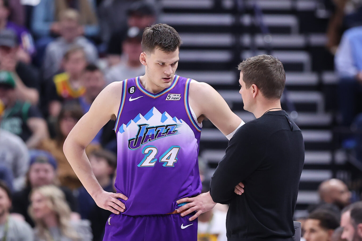 Mar 18, 2023; Salt Lake City, Utah, USA; Utah Jazz center Walker Kessler (24) and head coach Will Hardy speak during a break first quarter action against the Boston Celtics at Vivint Arena. Mandatory Credit: Rob Gray-Imagn Images