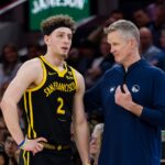 Feb 14, 2024; San Francisco, California, USA; Golden State Warriors head coach Steve Kerr talks to guard Brandin Podziemski (2) during the second half of the game against the LA Clippers at Chase Center. Mandatory Credit: John Hefti-USA TODAY Sports