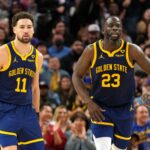 Jan 27, 2024; San Francisco, California, USA; Golden State Warriors guard Klay Thompson (11) and forward Draymond Green (23) during the third quarter against the Los Angeles Lakers at Chase Center. Mandatory Credit: Darren Yamashita-USA TODAY Sports