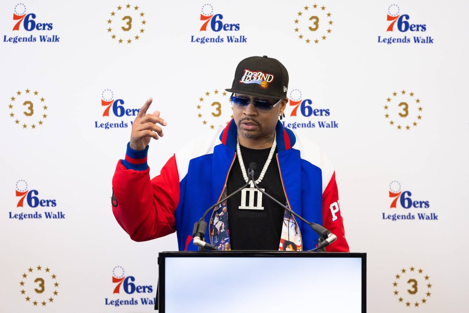 Apr 12, 2024; Camden, NJ, USA; Philadelphia 76ers great Allen Iverson speaks at the podium during the unveiling of a statue honoring him in a ceremony at Penn Medicine Philadelphia 76ers Training Complex. Mandatory Credit: Bill Streicher-Imagn Images