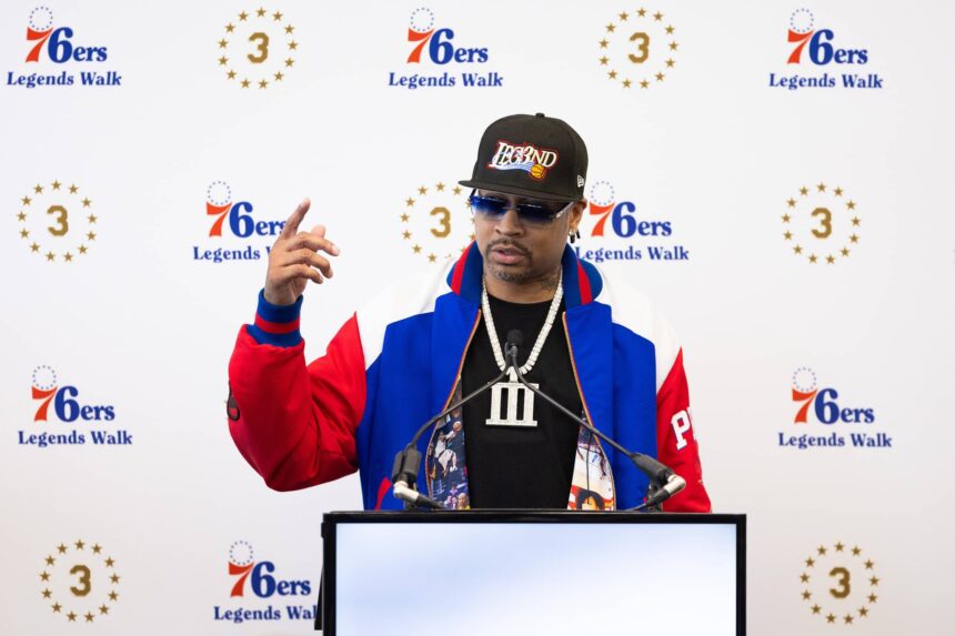 Apr 12, 2024; Camden, NJ, USA; Philadelphia 76ers great Allen Iverson speaks at the podium during the unveiling of a statue honoring him in a ceremony at Penn Medicine Philadelphia 76ers Training Complex. Mandatory Credit: Bill Streicher-Imagn Images