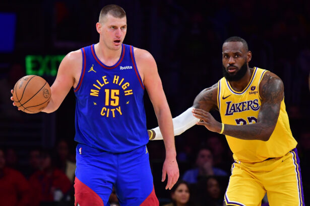 Apr 25, 2024; Los Angeles, California, USA; Denver Nuggets center Nikola Jokic (15) controls the ball against Los Angeles Lakers forward LeBron James (23) during the second half in game three of the first round for the 2024 NBA playoffs at Crypto.com Arena. Mandatory Credit: Gary A. Vasquez-Imagn Images
