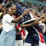 Aug 10, 2024; Paris, France; United States guard Kevin Durant (7) celebrates with his mother Wanda Durant after defeating France in the men's basketball gold medal game during the Paris 2024 Olympic Summer Games at Accor Arena. Mandatory Credit: Rob Schumacher-USA TODAY Sports