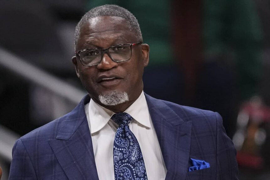 Oct 28, 2024; Atlanta, Georgia, USA; NBA Hall of Fame player Dominique Wilkins on the court before the game between the Atlanta Hawks and the Washington Wizards at State Farm Arena. Mandatory Credit: Dale Zanine-Imagn Images