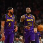 Oct 28, 2024; Phoenix, Arizona, USA; Los Angeles Lakers forward LeBron James (23) and forward Anthony Davis (3) against the Phoenix Suns at Footprint Center. Mandatory Credit: Mark J. Rebilas-Imagn Images