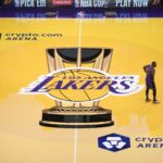 Nov 29, 2024; Los Angeles, California, USA; A general overall view as Los Angeles Lakers forward LeBron James (23) stands at midcourt in the first half of a NBA Cup game against the Oklahoma City Thunder at Crypto.com Arena. Mandatory Credit: Kirby Lee-Imagn Images