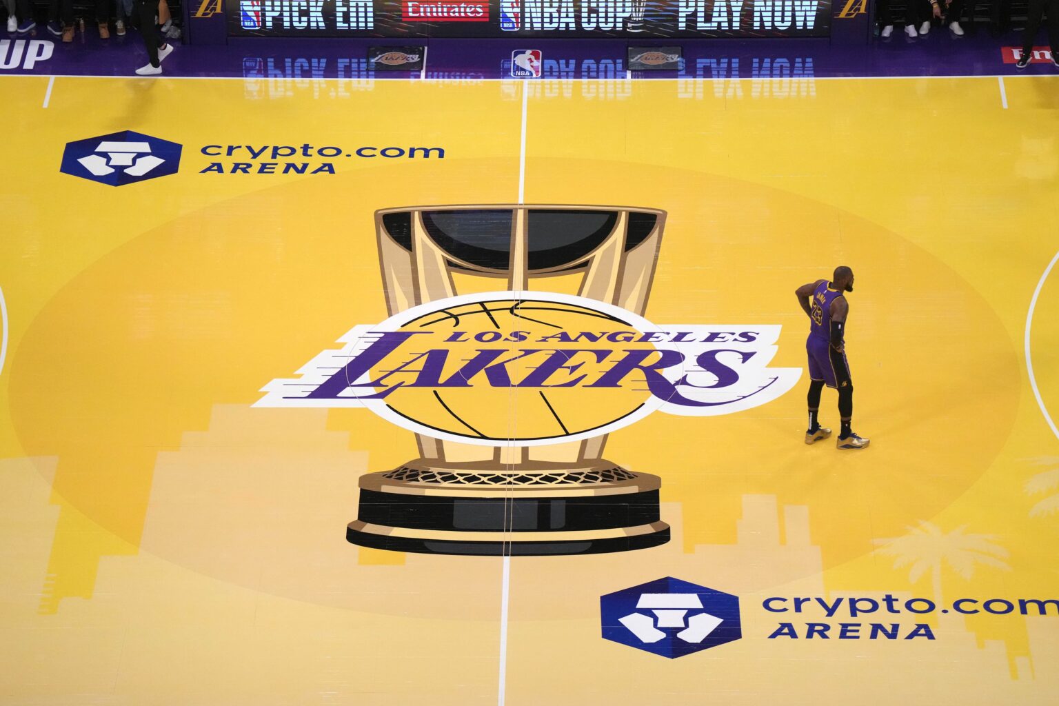 Nov 29, 2024; Los Angeles, California, USA; A general overall view as Los Angeles Lakers forward LeBron James (23) stands at midcourt in the first half of a NBA Cup game against the Oklahoma City Thunder at Crypto.com Arena. Mandatory Credit: Kirby Lee-Imagn Images