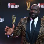 Shaquille O'Neal arrives on the red carpet before the Emirates NBA Cup semifinal game at T-Mobile Arena. Mandatory Credit: Candice Ward-Imagn Images