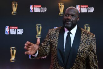 Shaquille O'Neal arrives on the red carpet before the Emirates NBA Cup semifinal game at T-Mobile Arena. Mandatory Credit: Candice Ward-Imagn Images