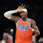 Dec 14, 2024; Las Vegas, Nevada, USA; Oklahoma City Thunder guard Shai Gilgeous-Alexander (2) reacts during the fourth quarter against the Houston Rockets in a semifinal of the 2024 Emirates NBA Cup at T-Mobile Arena. Mandatory Credit: Kyle Terada-Imagn Images