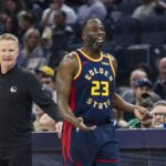 Jan 7, 2025; San Francisco, California, USA; Golden State Warriors forward Draymond Green (23) and head coach Steve Kerr react during the first quarter against the Miami Heat at Chase Center. Mandatory Credit: John Hefti-Imagn Images