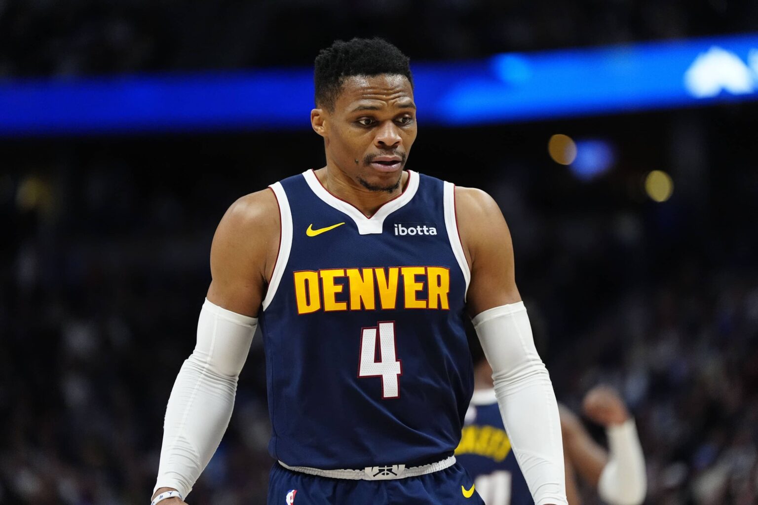 Jan 10, 2025; Denver, Colorado, USA; Denver Nuggets guard Russell Westbrook (4) during the second quarter against the Brooklyn Nets at Ball Arena. Mandatory Credit: Ron Chenoy-Imagn Images