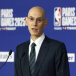 NBA commissioner Adam Silver speaks before the Paris Games 2025 NBA basketball game between the San Antonio Spurs and Indiana Pacers at Accor Arena.