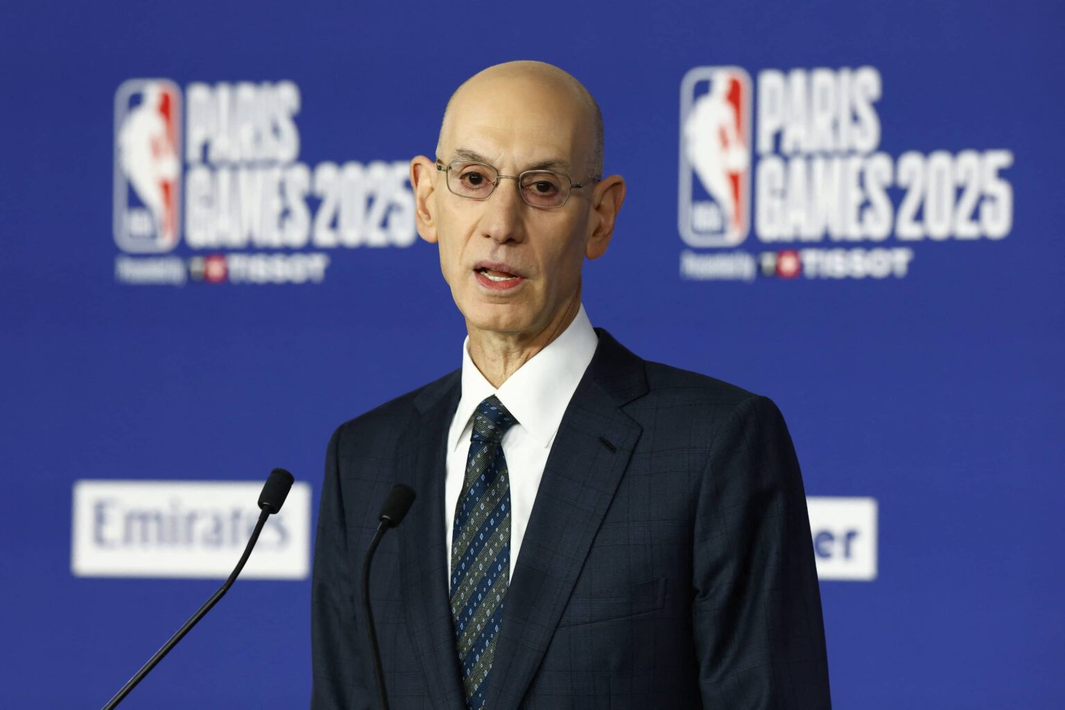 NBA commissioner Adam Silver speaks before the Paris Games 2025 NBA basketball game between the San Antonio Spurs and Indiana Pacers at Accor Arena.
