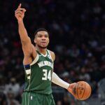 Jan 23, 2025; Milwaukee, Wisconsin, USA; Milwaukee Bucks forward Giannis Antetokounmpo (34) reacts in the third quarter against the Miami Heat at Fiserv Forum. Mandatory Credit: Benny Sieu-Imagn Images