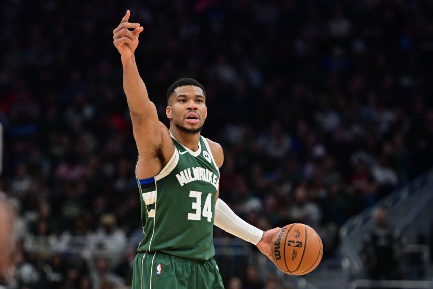 Jan 23, 2025; Milwaukee, Wisconsin, USA; Milwaukee Bucks forward Giannis Antetokounmpo (34) reacts in the third quarter against the Miami Heat at Fiserv Forum. Mandatory Credit: Benny Sieu-Imagn Images