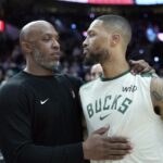 Jan 28, 2025; Portland, Oregon, USA; Portland Trail Blazers head coach Chauncey Billups embraces Milwaukee Bucks point guard Damian Lillard (0, right) after a game at Moda Center. Mandatory Credit: Soobum Im-Imagn Images