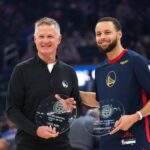 Jan 29, 2025; San Francisco, California, USA; Golden State Warriors head coach Steve Kerr and guard Stephen Curry (30) are recognized as the USA Basketball head coach and male athlete of the year before the start of the game against the Oklahoma City Thunder at the Chase Center. Mandatory Credit: Cary Edmondson-Imagn Images