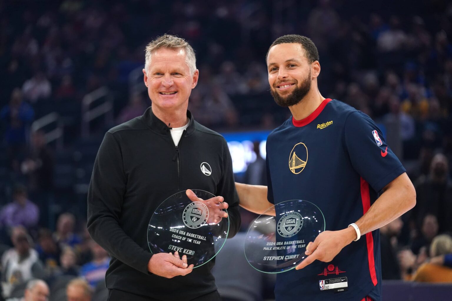 Jan 29, 2025; San Francisco, California, USA; Golden State Warriors head coach Steve Kerr and guard Stephen Curry (30) are recognized as the USA Basketball head coach and male athlete of the year before the start of the game against the Oklahoma City Thunder at the Chase Center. Mandatory Credit: Cary Edmondson-Imagn Images