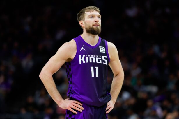 Feb 5, 2025; Sacramento, California, USA; Sacramento Kings forward Domantas Sabonis (11) looks on during the third quarter against the Orlando Magic at Golden 1 Center. Mandatory Credit: Sergio Estrada-Imagn Images