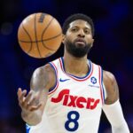 Mar 1, 2025; Philadelphia, Pennsylvania, USA; Philadelphia 76ers forward Paul George (8) catches a ball against the Golden State Warriors during the third quarter at Wells Fargo Center. Mandatory Credit: Bill Streicher-Imagn Images