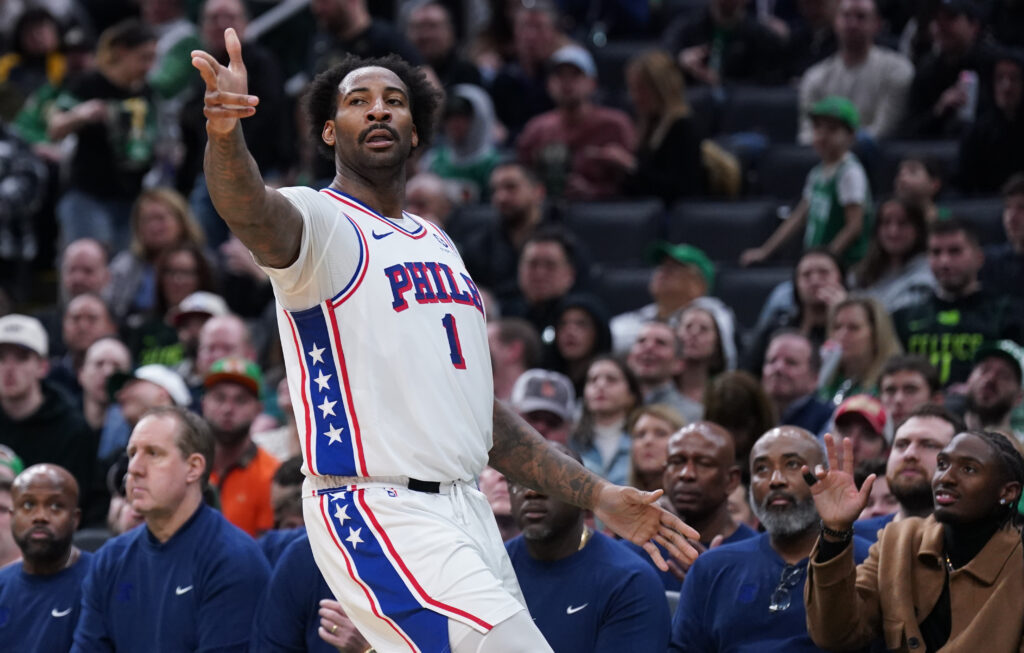 Mar 6, 2025; Boston, Massachusetts, USA; Philadelphia 76ers center Andre Drummond (1) reacts after his three point basket against the Boston Celtics in the second quarter at TD Garden. Mandatory Credit: David Butler II-Imagn Images