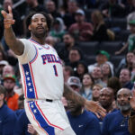 Mar 6, 2025; Boston, Massachusetts, USA; Philadelphia 76ers center Andre Drummond (1) reacts after his three point basket against the Boston Celtics in the second quarter at TD Garden. Mandatory Credit: David Butler II-Imagn Images