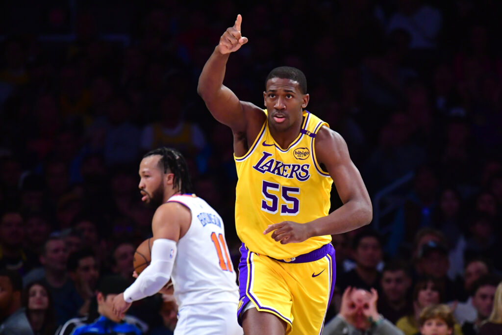 Mar 6, 2025; Los Angeles, California, USA; Los Angeles Lakers center Trey Jemison III (55) reacts after scoring a basket against the against the New York Knicks during the first half at Crypto.com Arena. Mandatory Credit: Gary A. Vasquez-Imagn Images