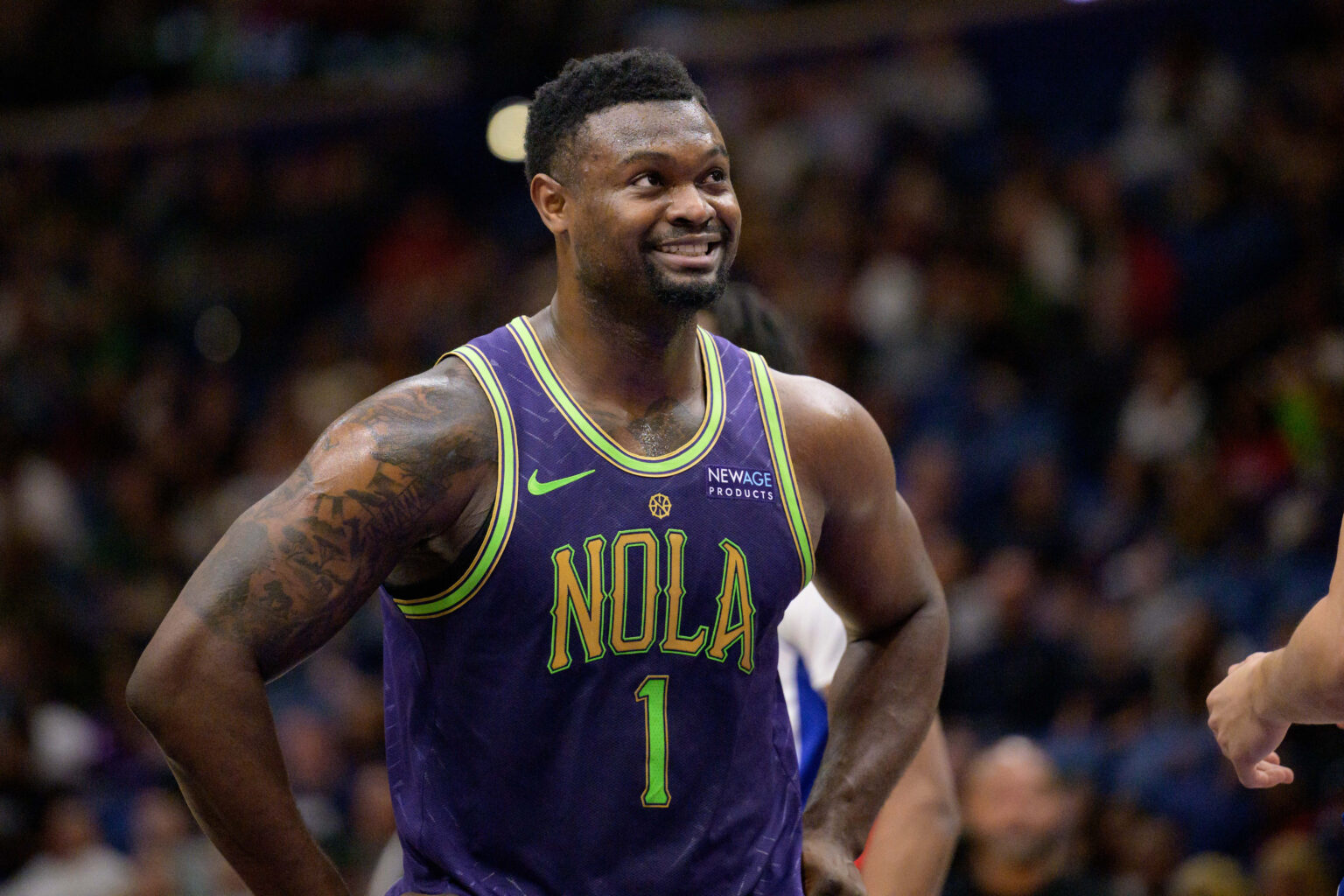 Mar 17, 2025; New Orleans, Louisiana, USA; New Orleans Pelicans forward Zion Williamson (1) reacts during the first half against the Detroit Pistons at Smoothie King Center. Mandatory Credit: Matthew Hinton-Imagn Images