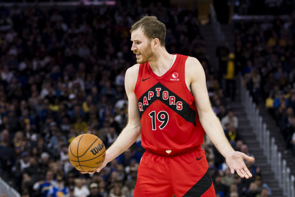 Mar 20, 2025; San Francisco, California, USA; Toronto Raptors center Jakob Poeltl (19) reacts during the fourth quarter against the Golden State Warriors at Chase Center. Mandatory Credit: John Hefti-Imagn Images