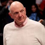 Mar 28, 2025; Brooklyn, New York, USA; Los Angeles Clippers owner Steve Ballmer leaves his court side seat after a game against the Brooklyn Nets at Barclays Center. Mandatory Credit: Brad Penner-Imagn Images