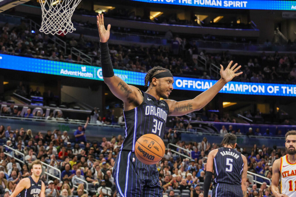 Apr 8, 2025; Orlando, Florida, USA; Orlando Magic center Wendell Carter Jr. (34) reacts after scoring during the second half against the Atlanta Hawks at Kia Center. Mandatory Credit: Mike Watters-Imagn Images