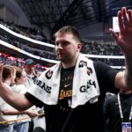 Apr 9, 2025; Dallas, Texas, USA; Los Angeles Lakers guard Luka Doncic (77) waves to fans after the game against the Dallas Mavericks at American Airlines Center. Mandatory Credit: Kevin Jairaj-Imagn Images