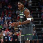 Apr 10, 2025; Memphis, Tennessee, USA; Minnesota Timberwolves guard Anthony Edwards (5) reacts during the first quarter against the Memphis Grizzlies at FedExForum. Mandatory Credit: Petre Thomas-Imagn Images
