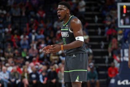 Apr 10, 2025; Memphis, Tennessee, USA; Minnesota Timberwolves guard Anthony Edwards (5) reacts during the first quarter against the Memphis Grizzlies at FedExForum. Mandatory Credit: Petre Thomas-Imagn Images