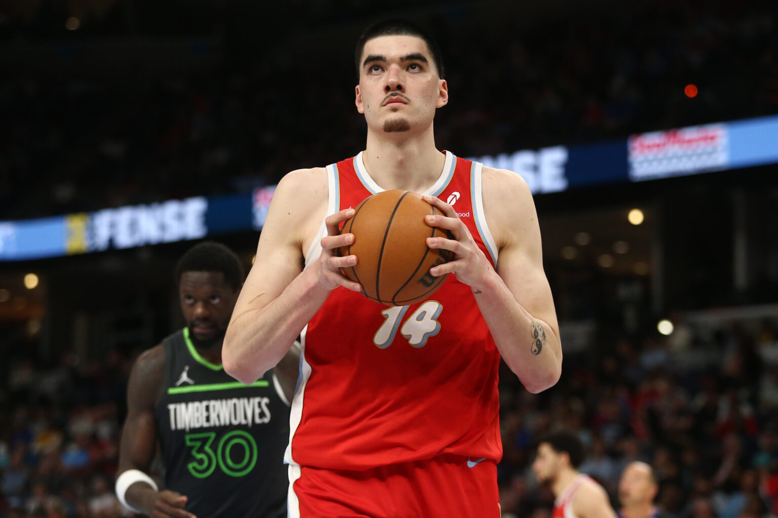 Apr 10, 2025; Memphis, Tennessee, USA; Memphis Grizzlies center Zach Edey (14) reacts during the fourth quarter against the Minnesota Timberwolves at FedExForum. Mandatory Credit: Petre Thomas-Imagn Images
